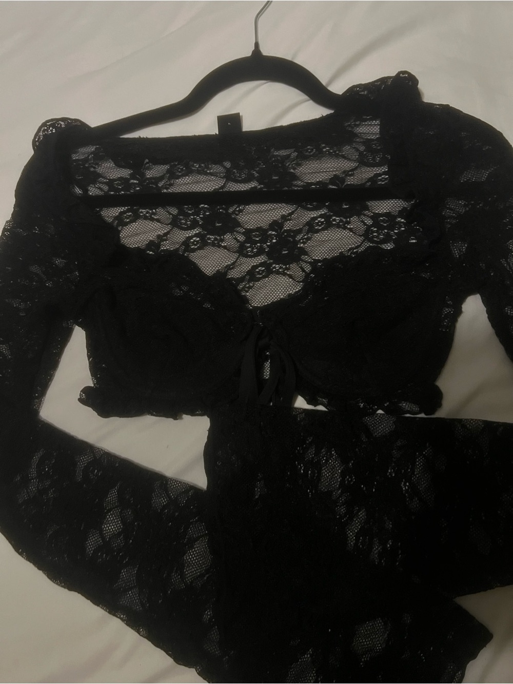 Black Floral Lace Corset Bustier Long Sleeve Crop Top XS